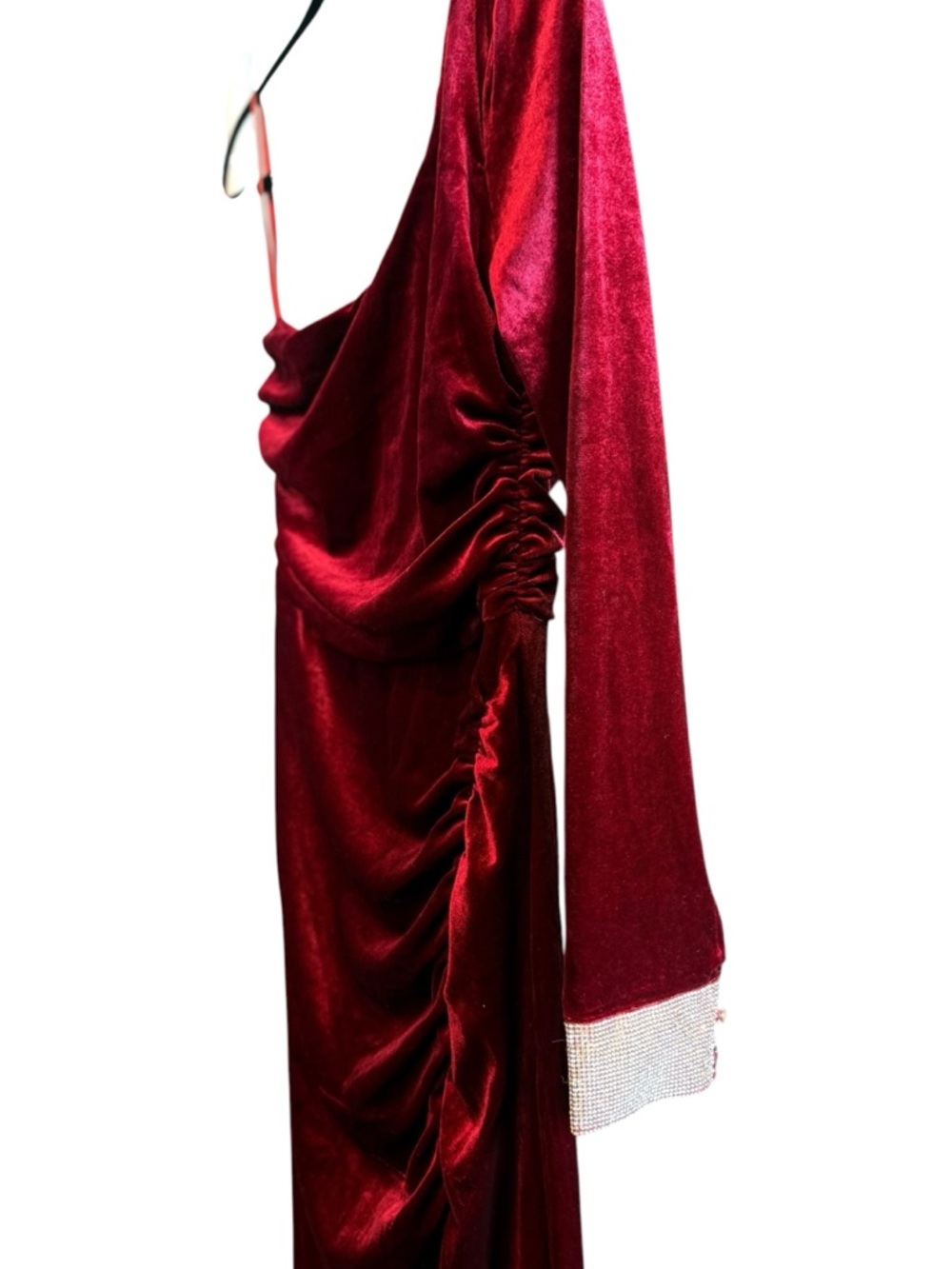 Elegant Red one sleeve Long-Sleeve Velvet Dress